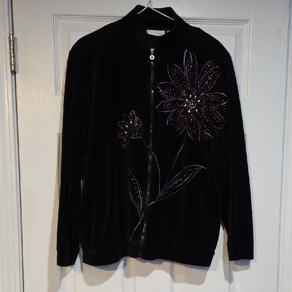 Alfred Dunner Black Bomber Jacket with Purple Floral Embroidery